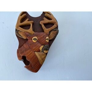 Vintage Buck Head Puzzle Box Wooden Intarsia Deer Trinket Hidden‎ Compart